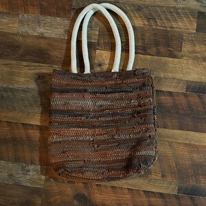 Brown Leather Striped Tote Bag